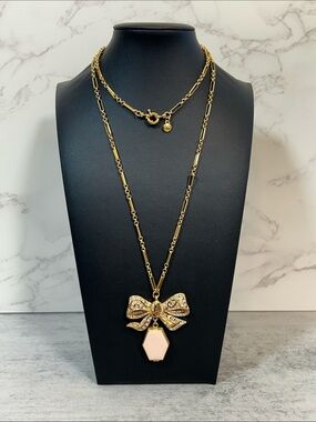 J. Crew Gold-Tone Bow locket Pendant Necklace with Pink Stone Drop